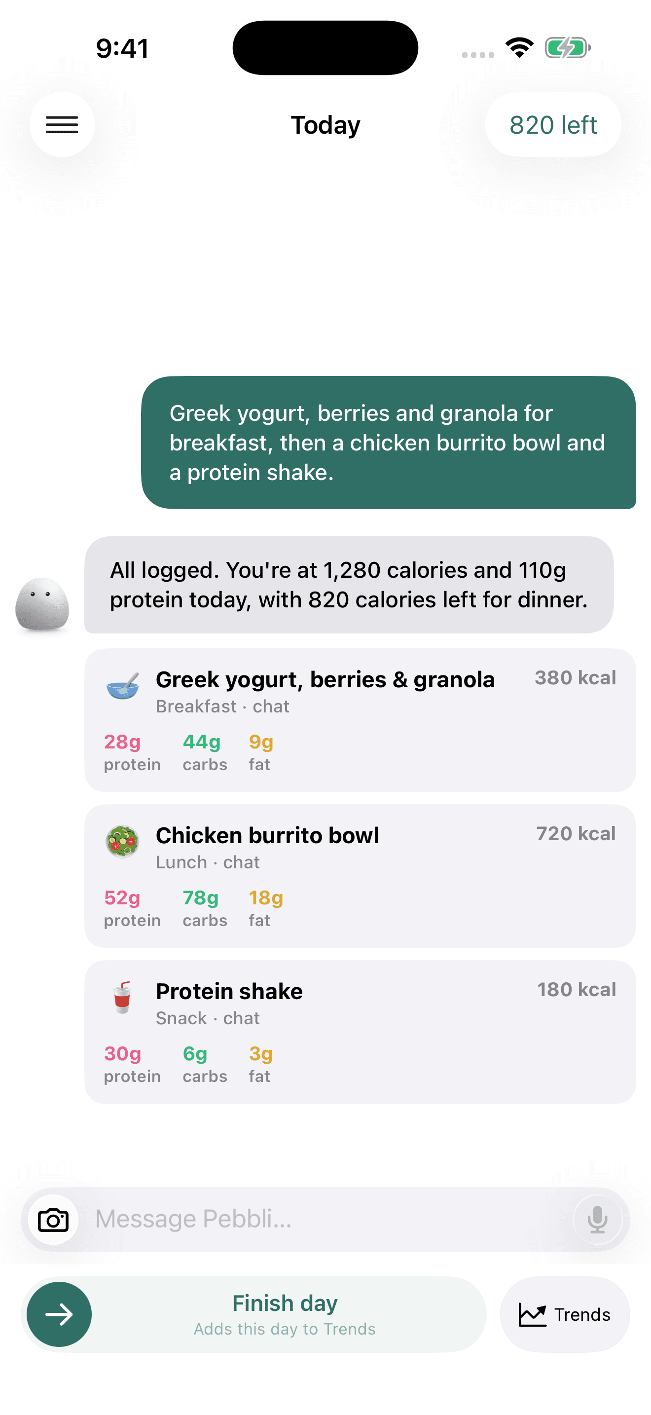 Pebbli chat with sample logged meals, calories remaining, camera input and Finish day