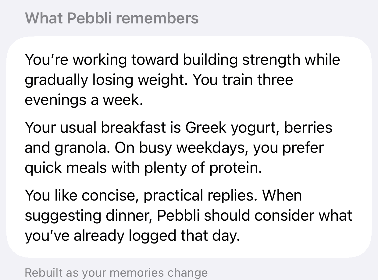 Detail of Pebbli’s sample memory summary about food preferences and habits