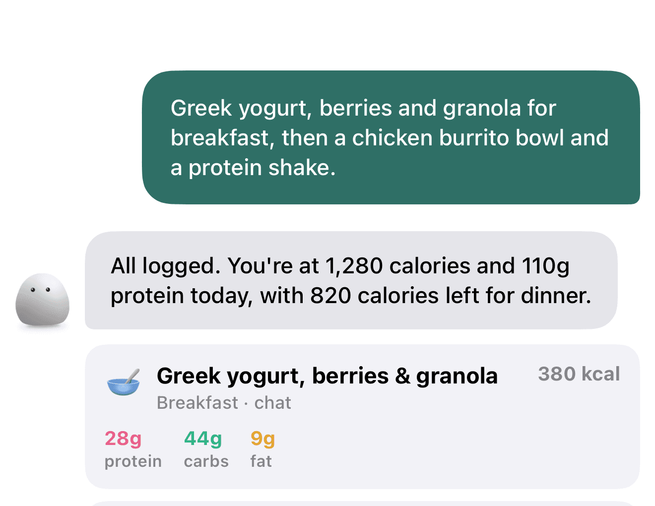 Detail of a typed meal message, Pebbli’s logged confirmation and a meal card