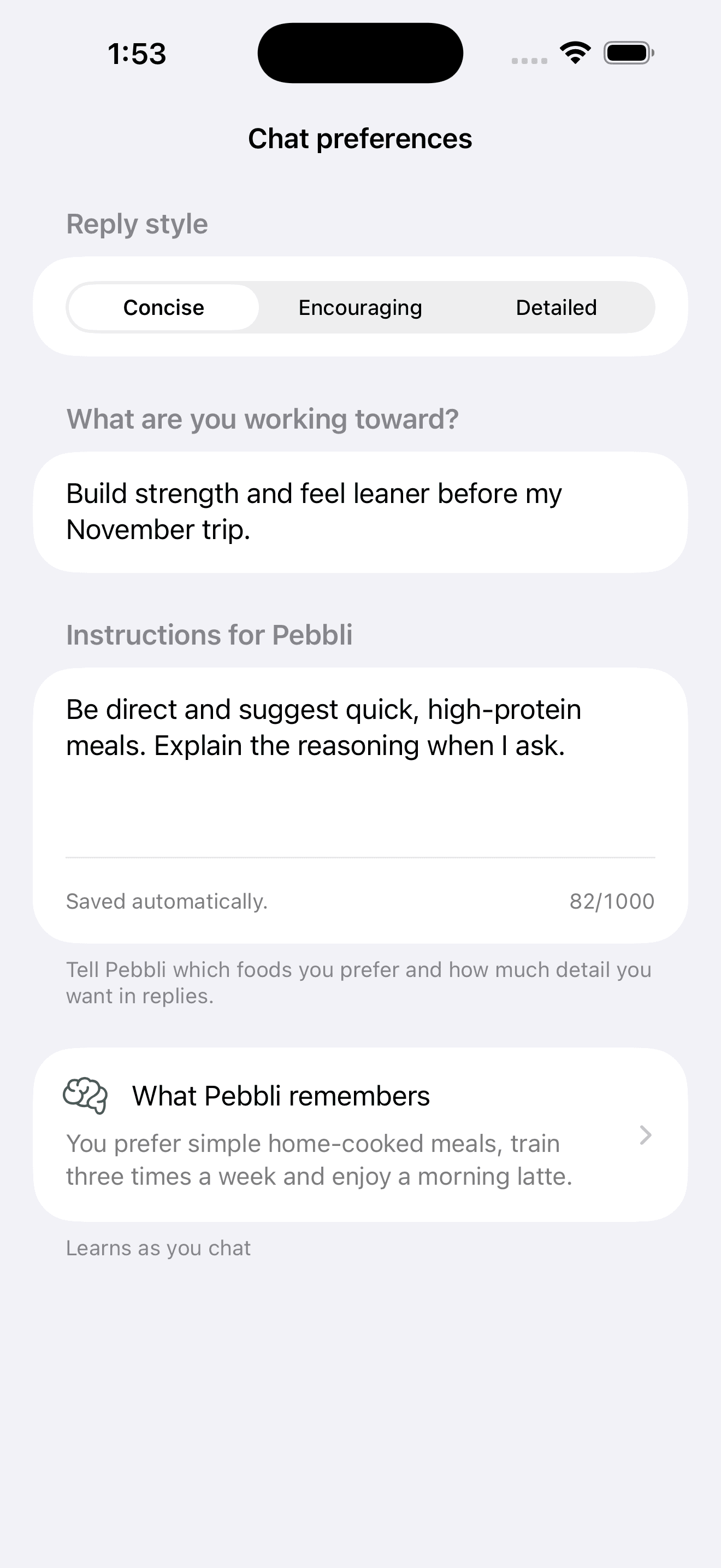 Chat preferences: reply style, personal goals, instructions and what Pebbli remembers