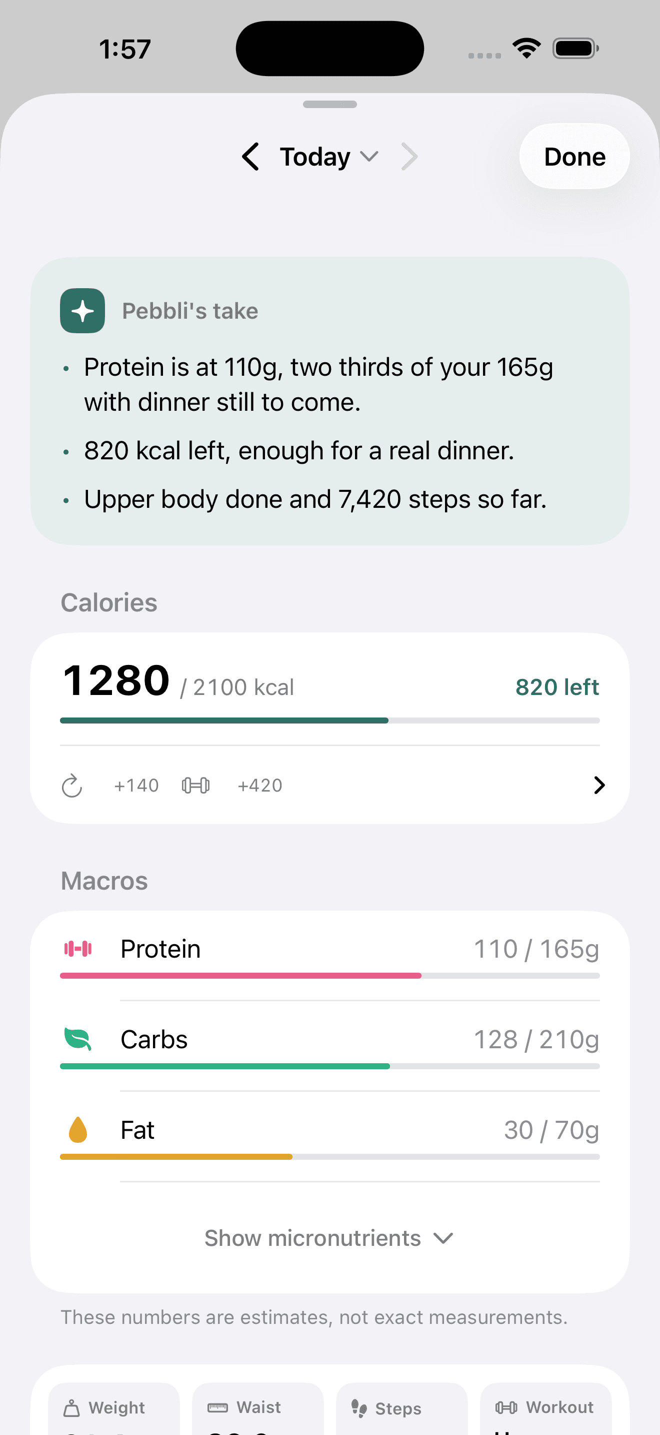 Sample day review with calories, macros, Pebbli’s take, weight, waist, steps and workout